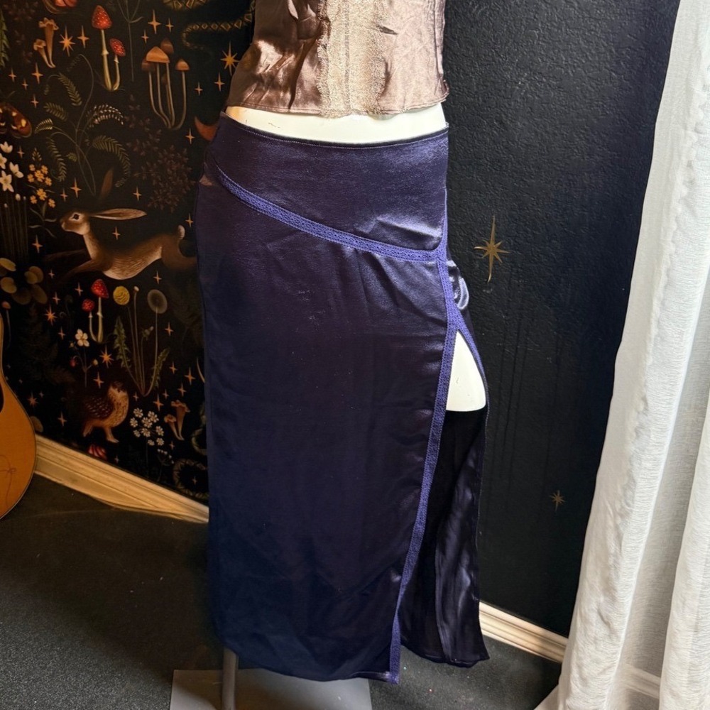 Free People Navy Blue Satin Lace Trim Maxi Skirt High Slit Size 4